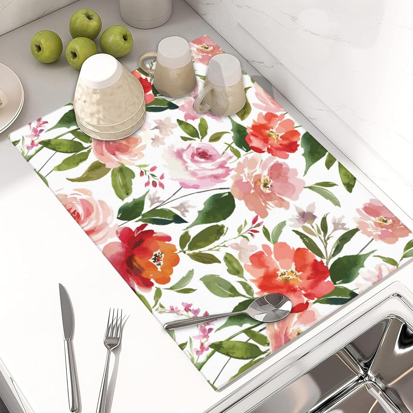 Large Dish Drying Mat for Kitchen Counter,18"X24" Watercolor Rose Flowers Super Absorbent Reversible Microfiber Dish Drying Mat Dish Drainer Mat,Drying Pad for Kitchen Countertop Coffee Bar