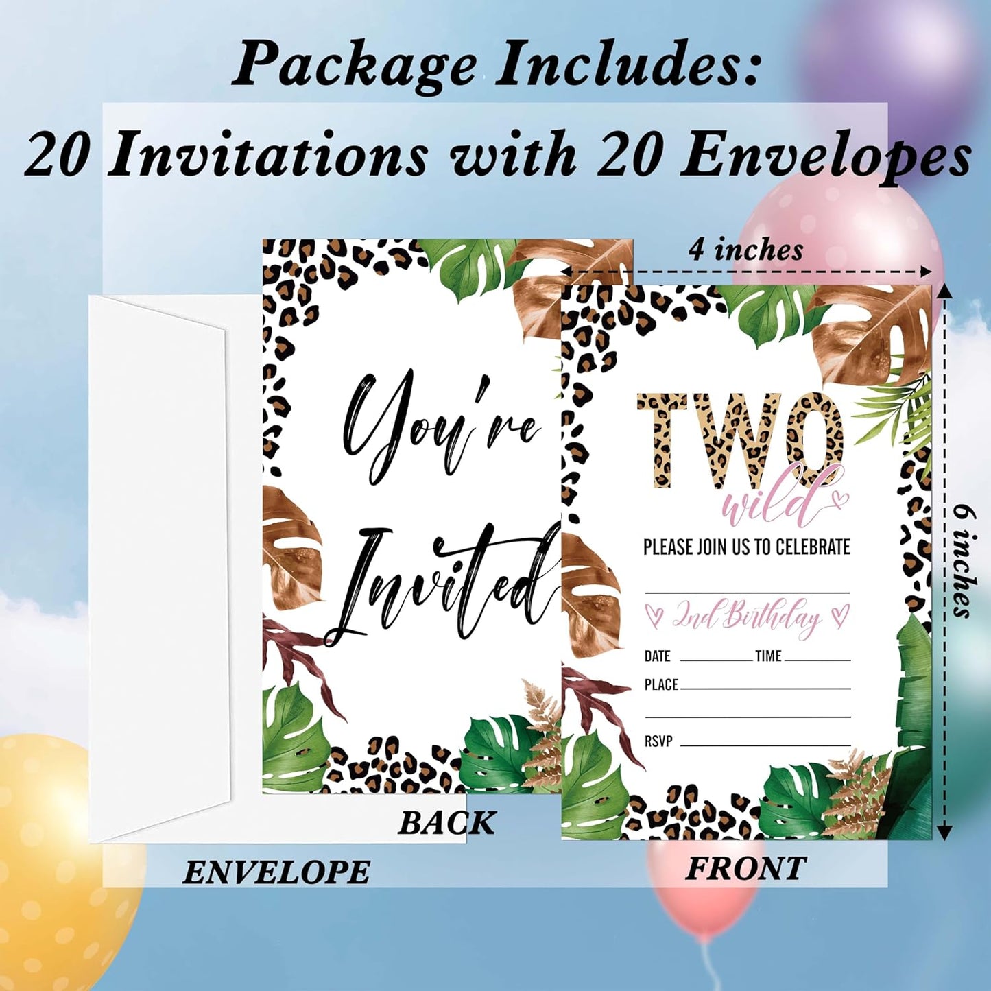 Safari Jungle Birthday Invitations, 20 Invitation Cards with Envelopes, Wild Two Invites for Party Decorations Favor Supplies - A14
