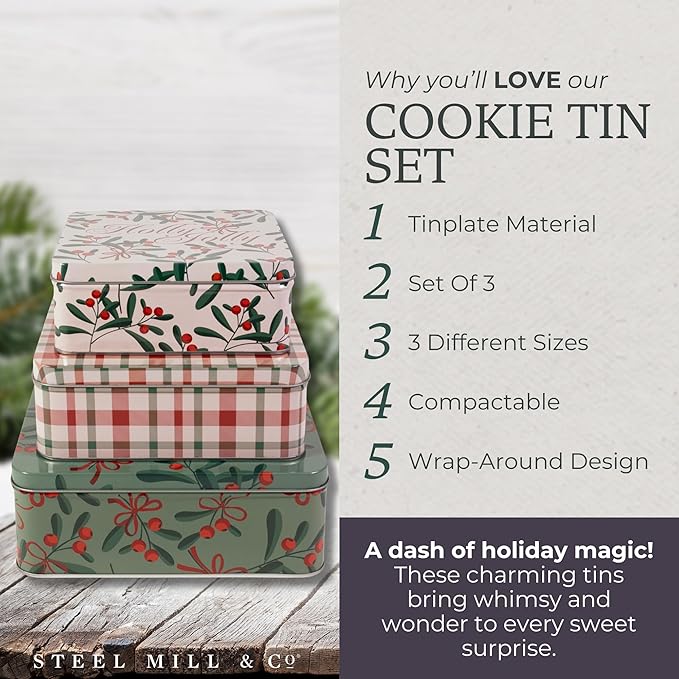 Steel Mill & Co Tin Containers with Lids, 3 Pack Christmas Cookie Tins, Festive Cookie Tins for Gift Giving & Holiday Treats, Square Metal Nesting Containers (Holly Jolly)