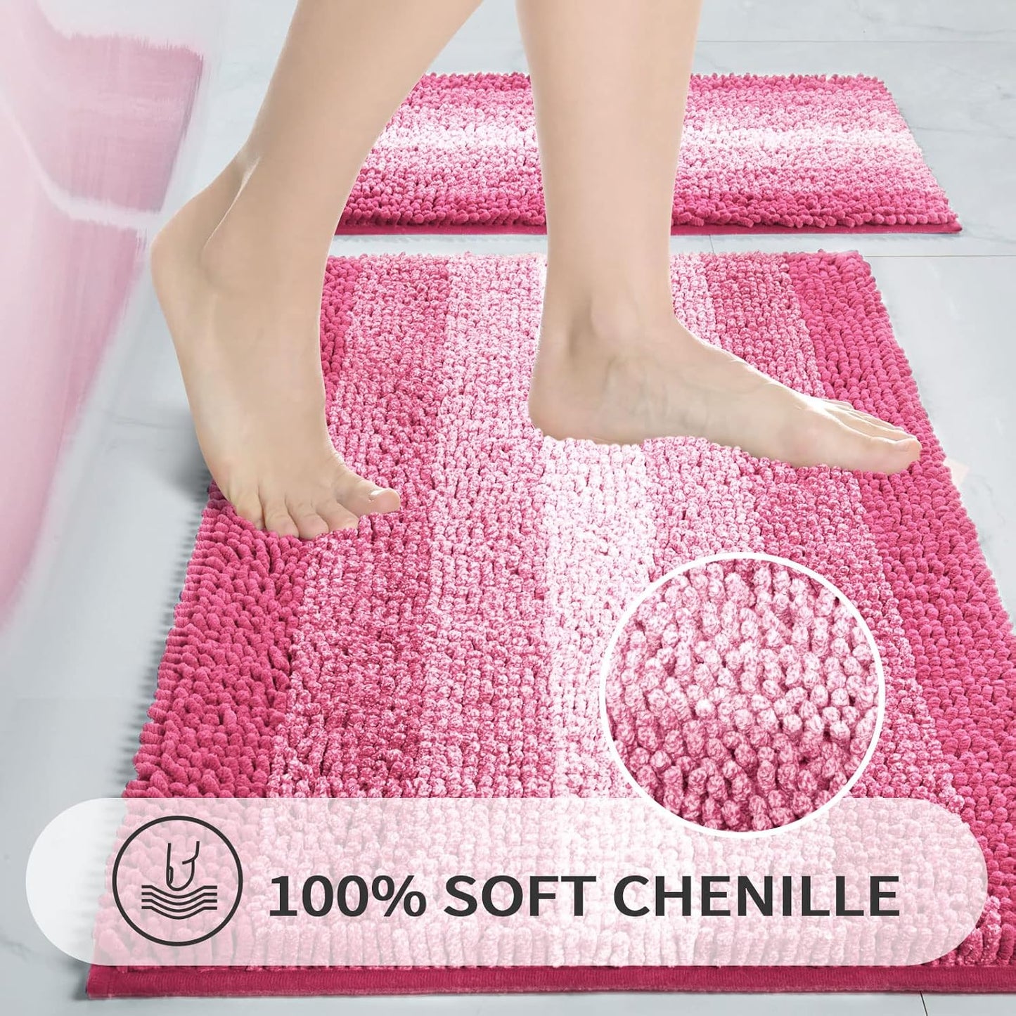 Gibelle Pink Bathroom Rug Set 2 Piece, Chenille Non Slip Bath Mat Set, Absorbent Shower Rug and Bath Room Floor Mats, Quick Dry Bathmat Bathroom Decor Accessories for Tub, 16" x 24"