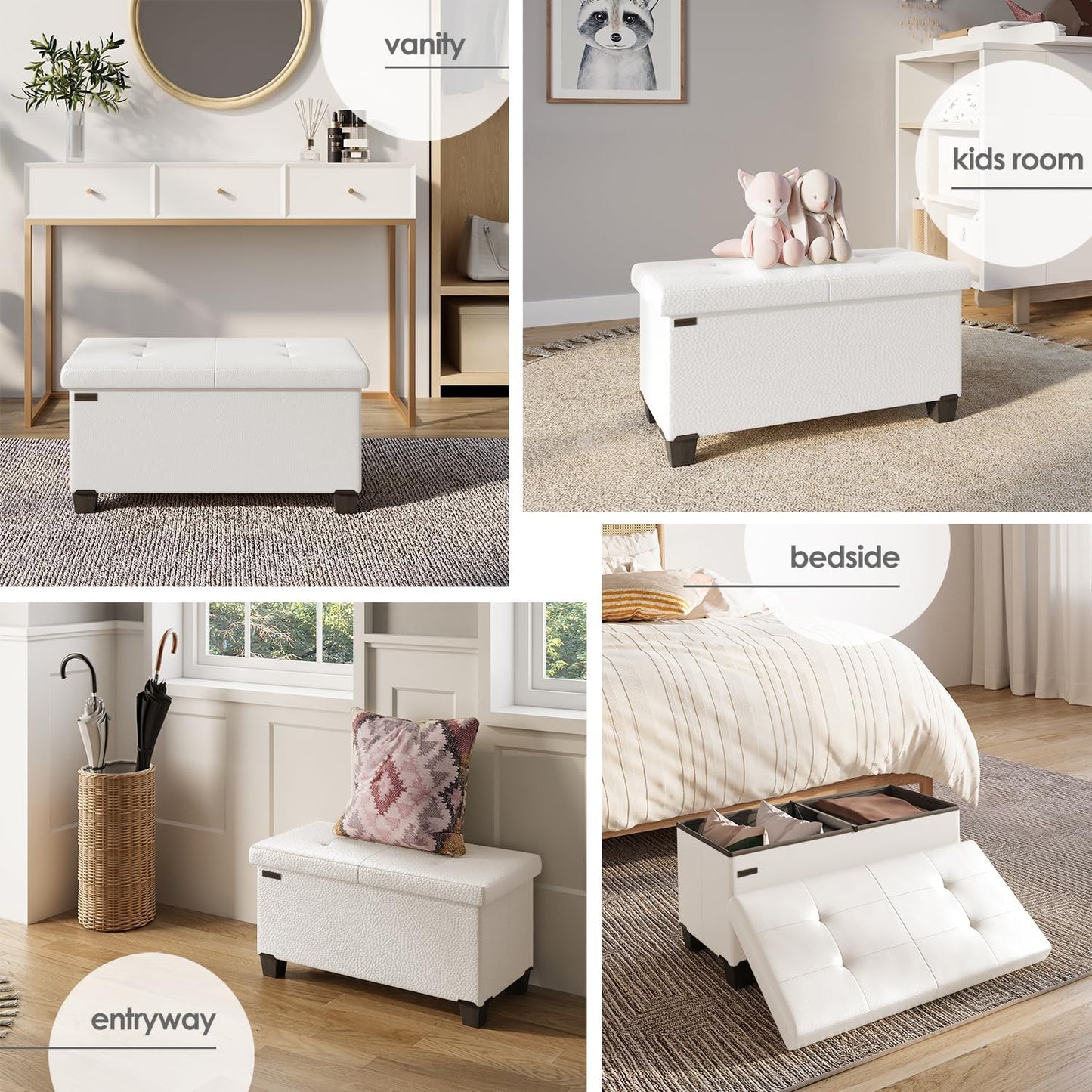 STORAGEBUD Storage Ottoman Bench with Bins, 30-in Storage Bench for Bedroom End of Bed, Folding Foot Rest Ottoman for Living Room Max 660lbs, Faux Leather Ottomans, Cream