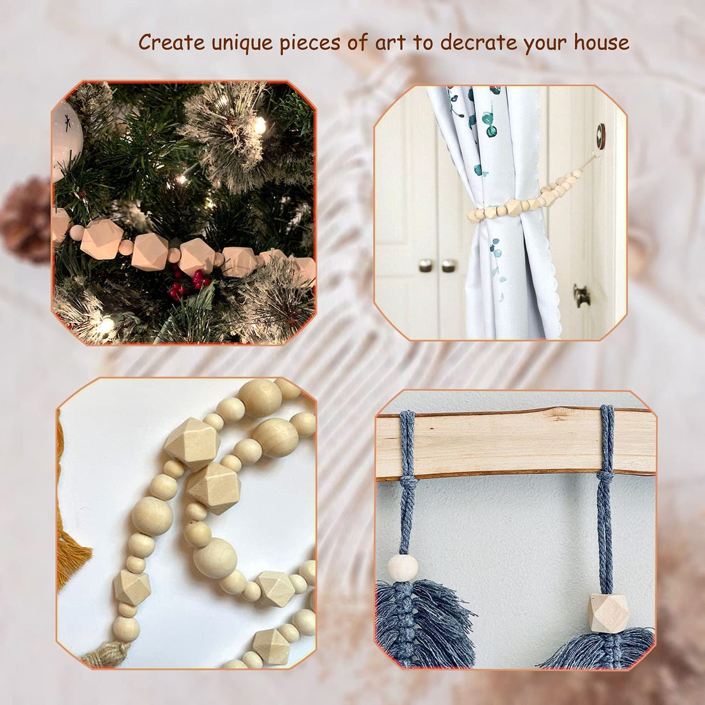 100Pcs Natural Geometric Polygon Wood Beads, Unfinished Wooden Loose Spacer Beads for Bead Crafts Making Home Farmhouse Decoration 4 Sizes (10mm 12mm 16mm 20mm)