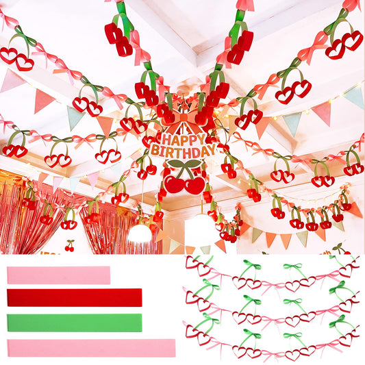 Gueevin 300 Sheets Cherry Party Paper Chain Strips Decorations Paper About 41 Feet in Total with 1 Roll Double Sided Tape DIY Cherry and Bow Hanging Banner for Baby Shower Bridal Bachelorette Wedding