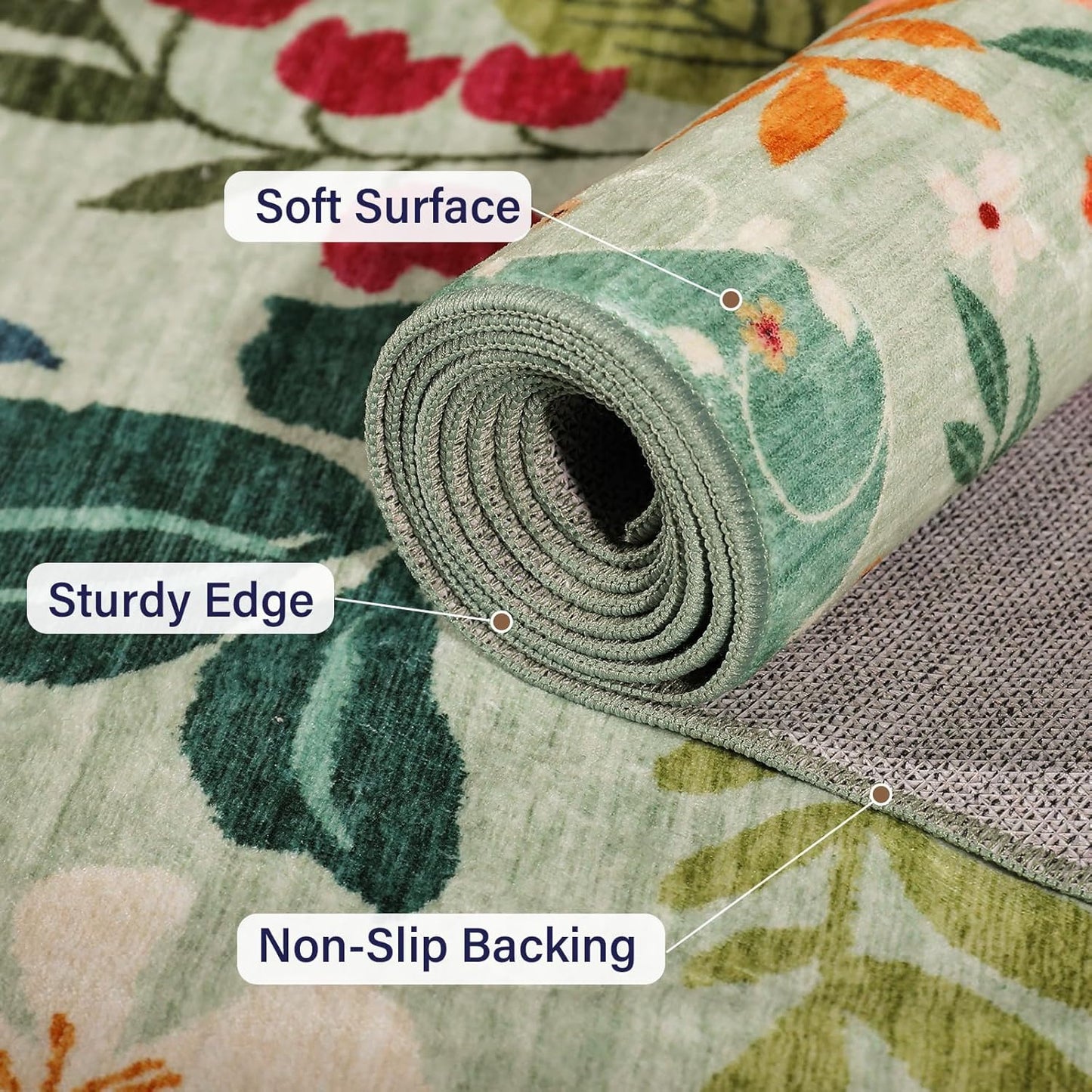 DUKINO 8x10 Area Rug, Floral Rugs for Living Room, Lightweight Non Slip Washable Rug, Indoor Low Pile & Non-Shedding Boho Design Rugs for Bedroom, Living Room, Dining Room, Green