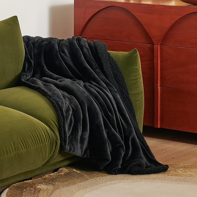 Bedsure GentleSoft Sherpa Fleece Throw Blanket Twin Size for Couch - Thick and Warm Throw for Women and Men, Soft Fuzzy Plush Twin Blanket for Winter, Non-Heated, Black, 60x80 Inches