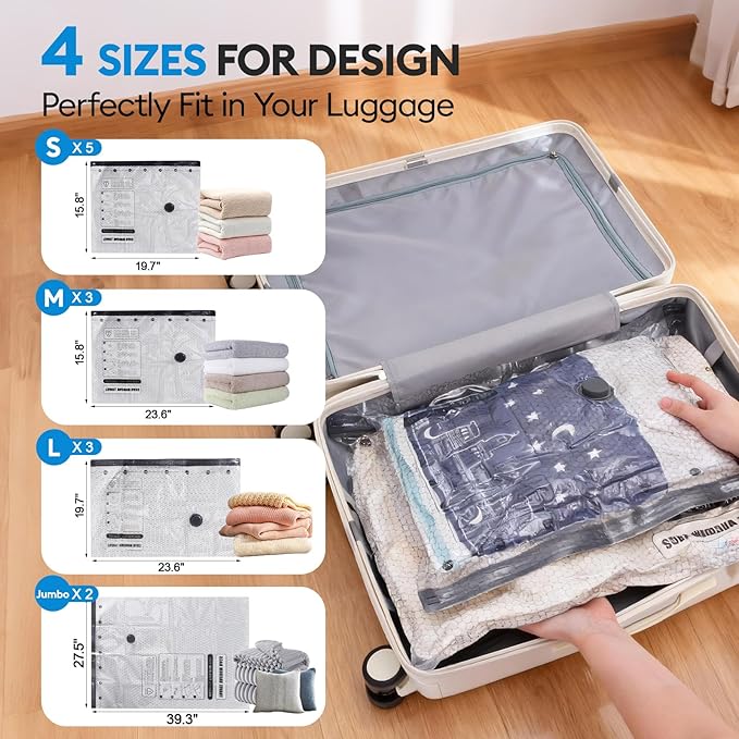 Vacuum Seal Bags for Clothing Travel with Electric Pump, Space Saver Vacuum Storage Bags Sealed, 13 Pack Compression Packing Bags for Luggage, Blankets Clothes, Comforter (2 Jumbo+3 L+3 M+5 S)