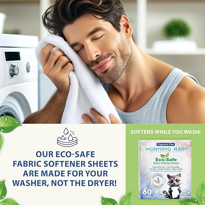 MorningRain Eco Fabric Softener Sheets for Washing Machine - Fragrance-Free, Preservative-Free, Ultra-Concentrated - 90 Sheets for Up to 180 Loads, Anti-Static, Reduces Wrinkles, Softens Clothes