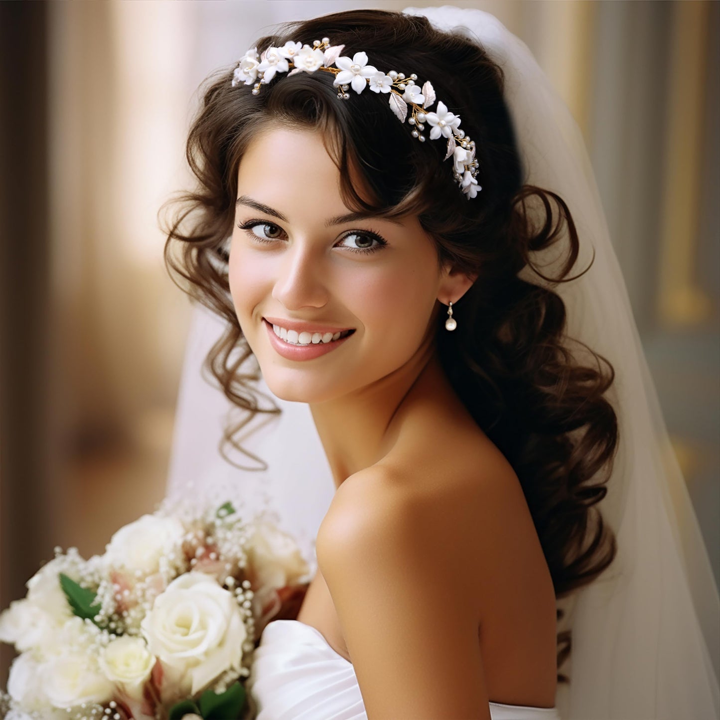 Oriamour Wedding Headbands With Ceramic Flowers Bridal Wedding Headpieces For Women Girls Pearls Headband With Leaves Desgin (Gold)