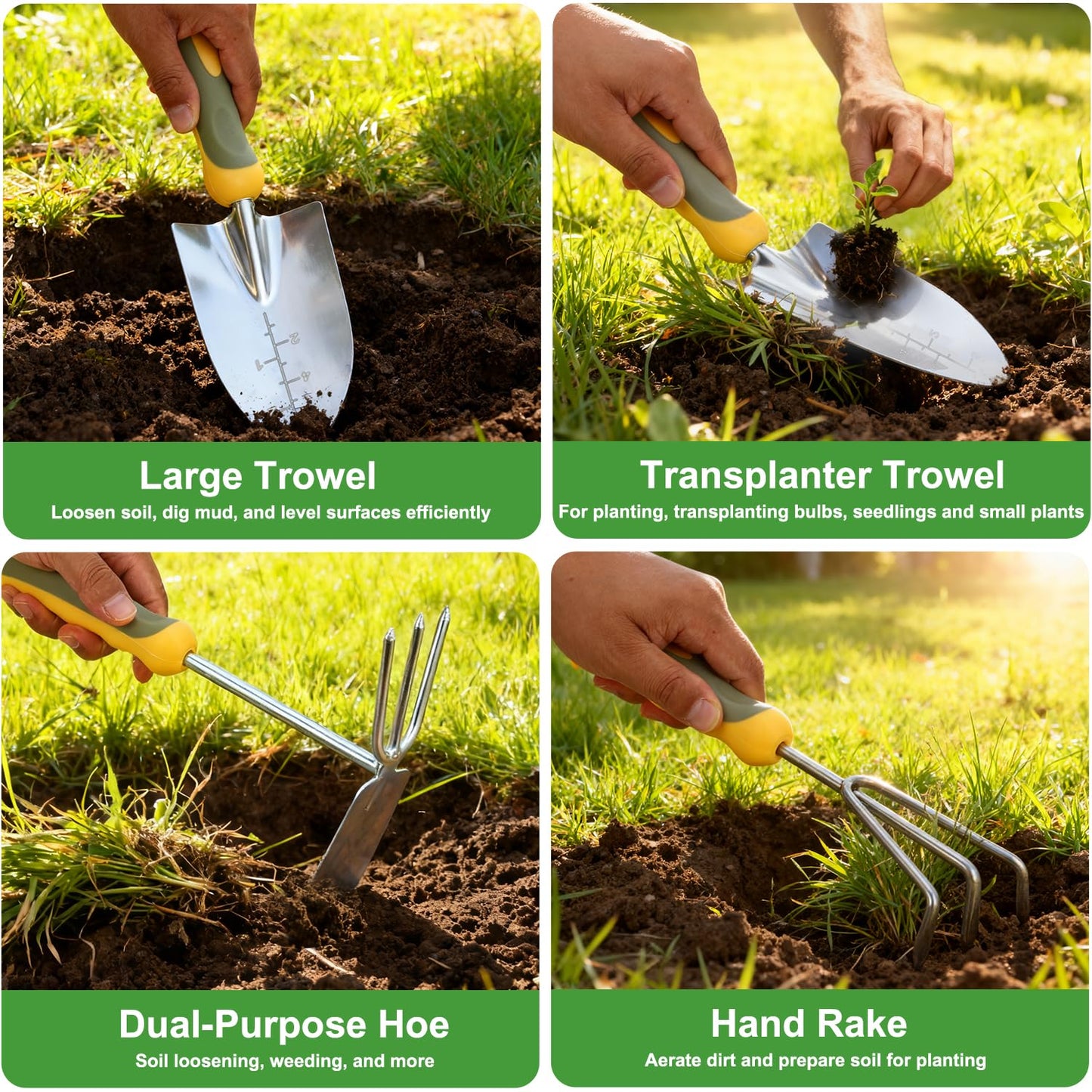 Yesker Gardening Tools 9-Piece Heavy Duty Garden Tool Set Gardening Supplies Gifts for Women Men Gardening Hand Tool Kit w Non-Slip Ergonomic Rubber Handle, Durable Garden Bag, Pruning Shears, Green