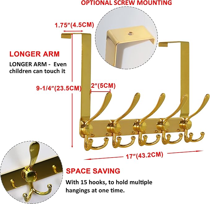 Dseap Over The Door Hook Hanger - 5 Tri Hooks, Heavy Duty Over The Door Towel Rack Coat Rack for Clothes Hat Towel, Gold, 2 Packs