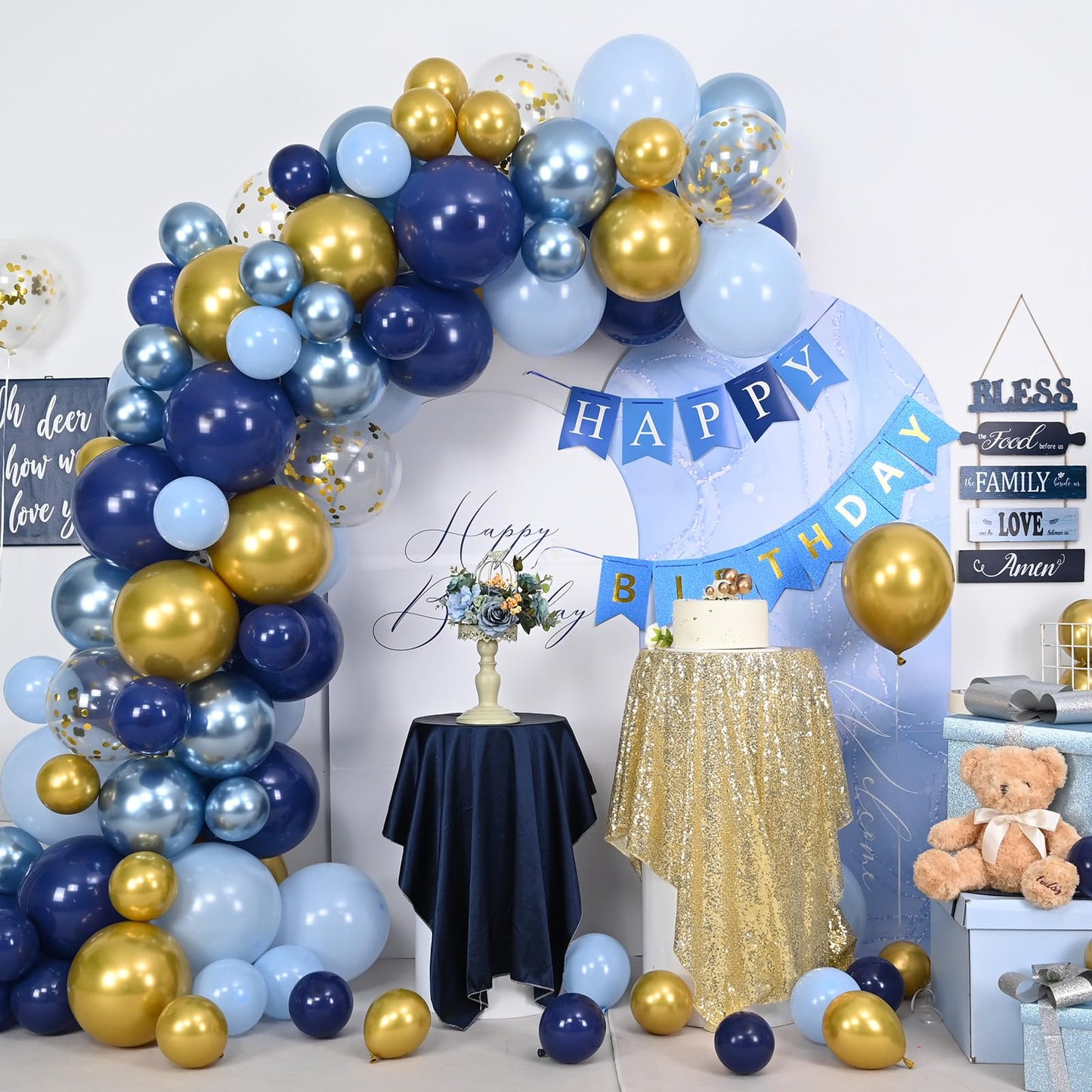 Blue Gold Balloons Garland Arch Kit, Navy Blue Light Blue Metallic Gold Blue Balloon Arch Kit, Macaron Blue Gold Confetti Balloon for Birthday Wedding Graduation Baby Shower Party Decorations