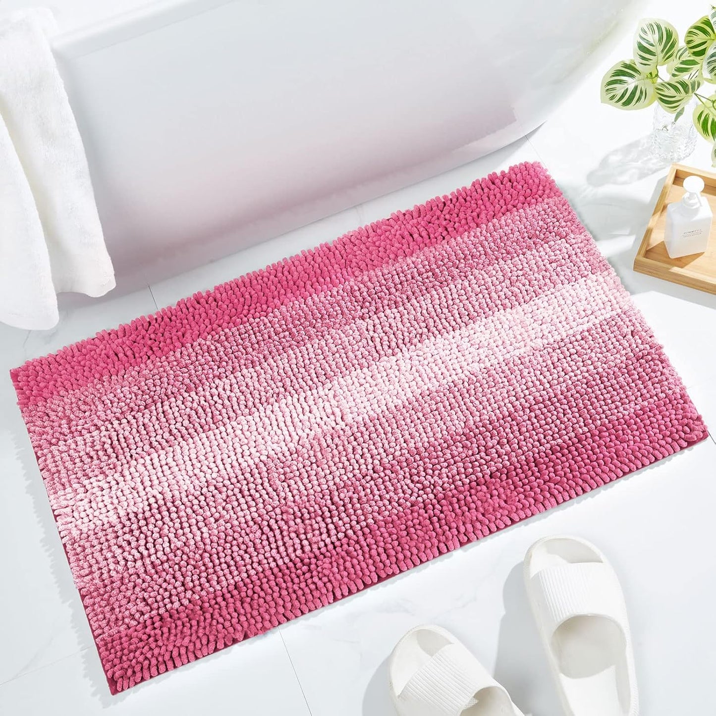 Gibelle Pink Bathroom Rug Set 2 Piece, Chenille Non Slip Bath Mat Set, Absorbent Shower Rug and Bath Room Floor Mats, Quick Dry Bathmat Bathroom Decor Accessories for Tub, 16" x 24"