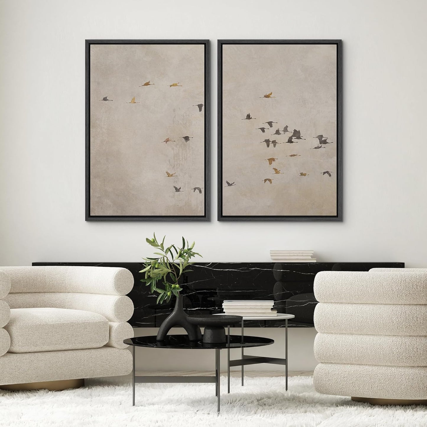 SIGNWIN Framed Canvas Print Wall Art Set Flying Birds Silhouette Minimalist Beige Illustrations Modern Minimal Decorative for Living Room, Bedroom, Office - 16"x24"x2 Black