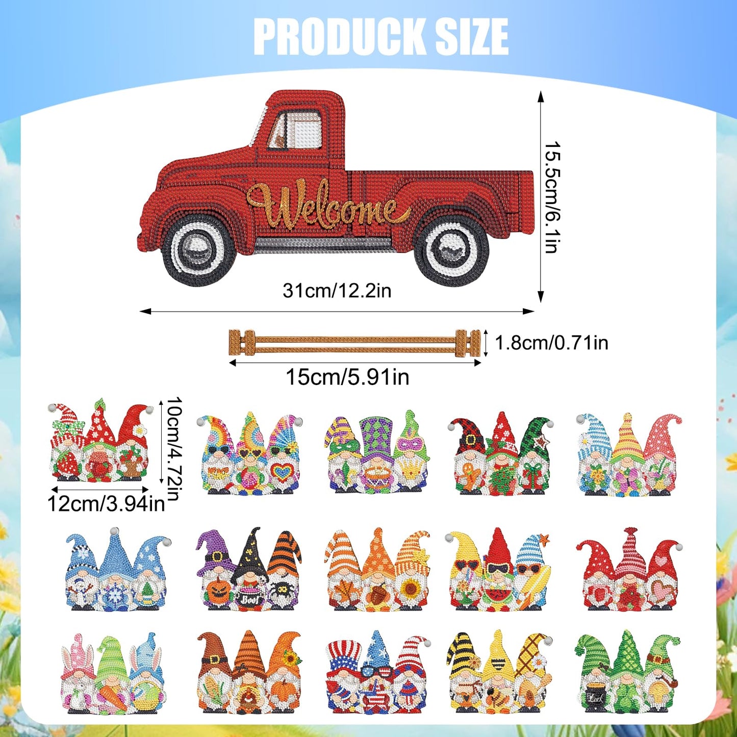 APCGSM 16PCS Interchangeable Diamond Painting Welcome Sign for Front Door Holiday Gnome Decor Red Truck Hanging Sign Diamond Art Painting Kits for Adults Interchangeable Seasonal Decor for Home Wall