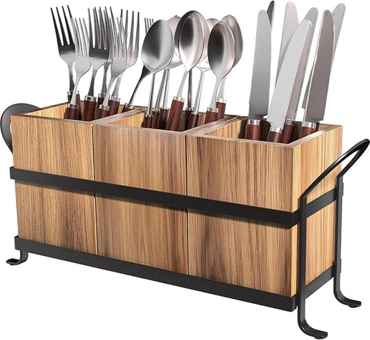 Utensil Holder for Party - Silverware Caddy with Three Compartments, Detachable, Portable Handle, Stylish Cutlery Holder for Countertop and Outdoor Use
