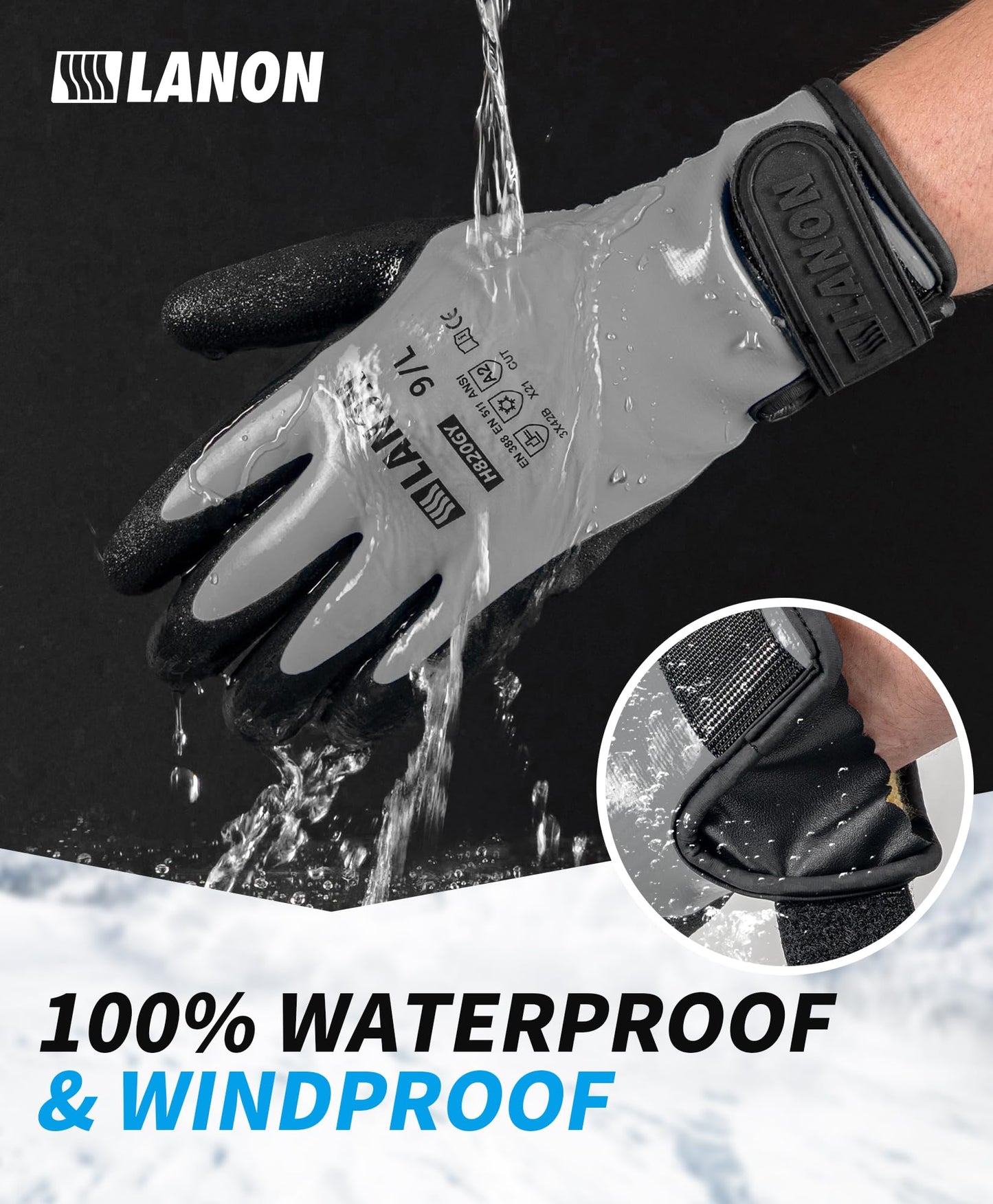LANON Waterproof Winter Work Gloves, Double Latex Coated, Thermal Insulated Freezer Gloves for Cold Weather, Heavy Duty, Non-Slip Grip, Wrist Closure, Grey,L