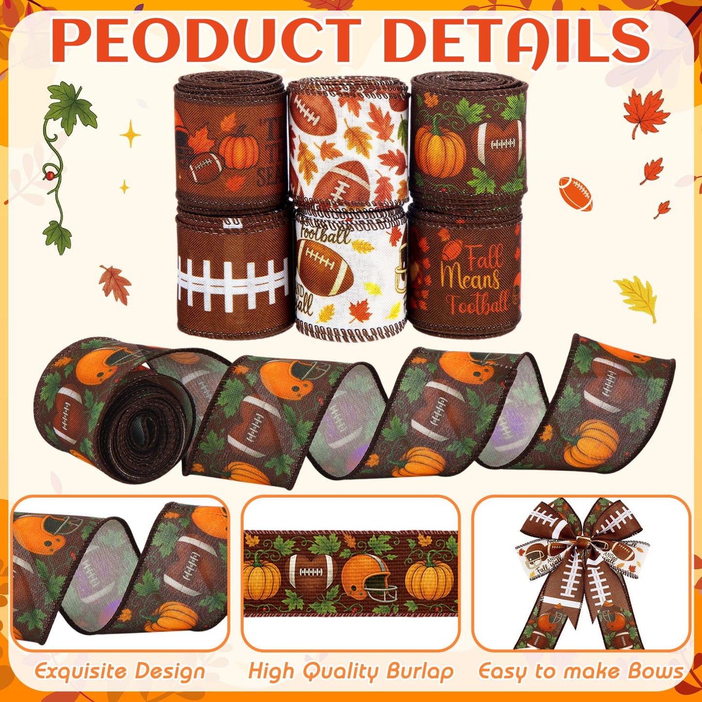 Juexica 6 Rolls Football Fall Wired Edge Ribbon 2 Inch x 30 Yards Brown Orange DIY Crafts Fabric Rustic Football Ribbons for Gift Wrapping Bows Party Wreath Floral Decoration Sewing Supplies