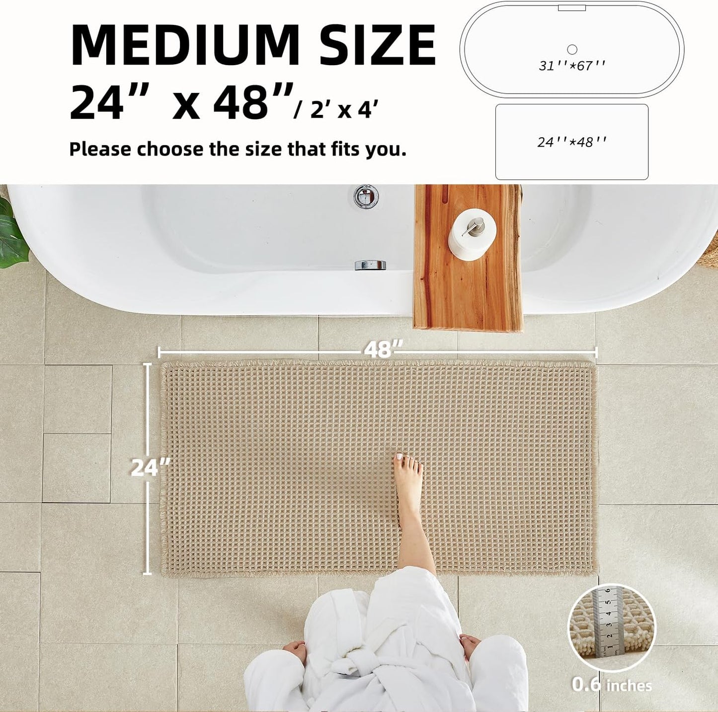 Pale Beige Bathroom Rug, Waffle Bath Mat Non Slip Washable Super Absorbent Quick Dry Boho Farmhouse Bathroom Decor, 48''x24'' Pale Beige