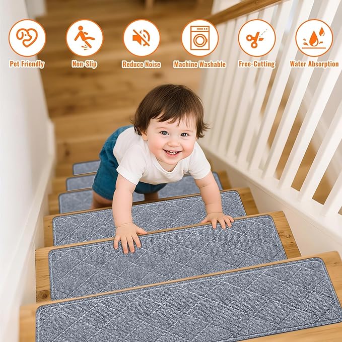Stair Treads Non-Slip for Wooden Steps, 4Pack - 8" x 30" Edging Stair Runner Indoor for Kids Elders & Pets, Washable Carpet Stair Treads with Peel & Stick Reusable TPE Backing, Grey