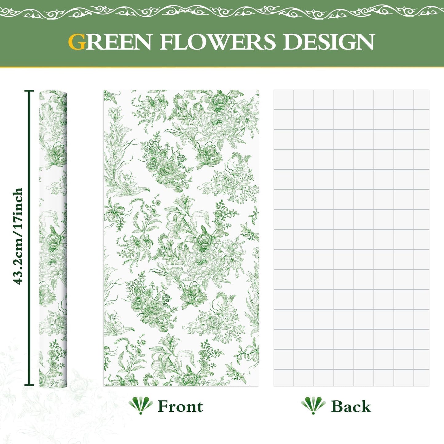 WERNNSAI Green Wrapping Paper Roll - 1 Roll 17”x 33 ft Vintage Floral Wrapping Paper Green Flower Bouquet Gift Wrap for Girls Women Birthday Bridal Shower Wedding Supplies