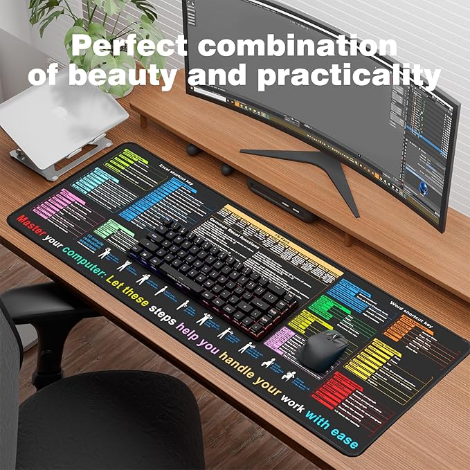 Excel Cheat Sheet Desk pad—Contains 12 Types of Common Skills in Excel and Word|Large XL Size（31.5 * 11.8 inch）|Desk mat for Keyboard and Mouse|Work、Study、Gaming Mouse pad|Waterproof、Anti-Slip