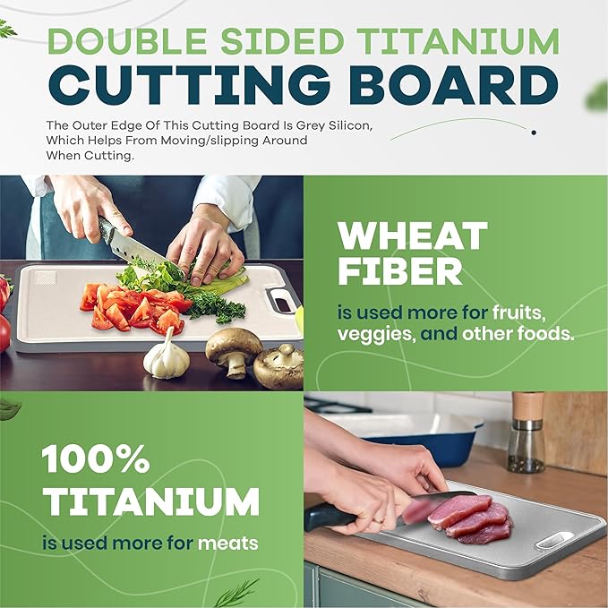 Titanium Cutting Board for Kitchen, Double Sided, Pure TA1 Titanium/Wheat Straw pp, Dishwasher Safe, Hardened Crystallized Surface, Eco-Friendly, Large Cutting Board, 15” x 11”