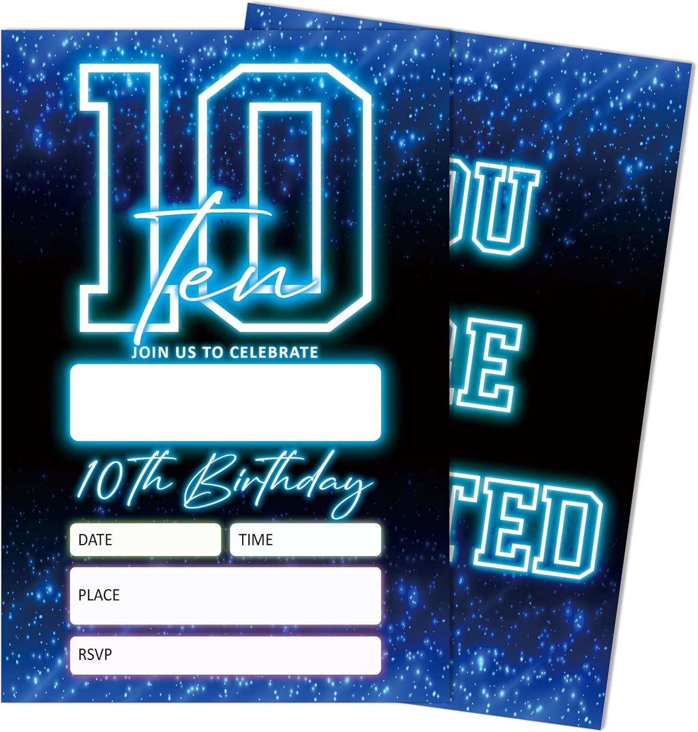 SIXEIGHT Blue 10th Birthday Party Invitations for Kids, Glow Neon 10th Birthday Invitations for Boys Girls, 20 Pack Blue Invites with Envelopes, Glow Neon Party Decorations Supplies, 4"x6"-C10