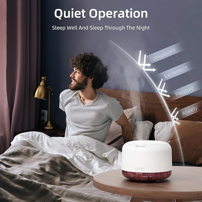 ASAKUKI Essential Oil Diffuser for Home, 500ml Aromatherapy Fragrant Oil Humidifier Vaporizer, 7-Color Light and Auto-Off Safety Switch (Reddish-Brown)