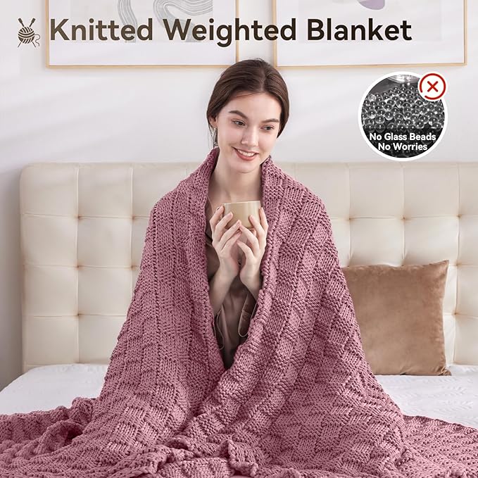 Knitted Weighted Blanket for Adult, No Beads Heavy Blanket 60” x 80'' 17lbs, Breathable Chunky Knit Blanket, Cooling Weighted Blanket for Hot Sleepers, Christmas Home Decor (Pink)