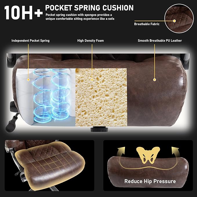 DYHOME 700LBS Heavy Duty Office Chair with 4d Armrest, Big and Tall Office Chair, Ergonomic Computer Chair with Airbag Lumbar Support, Wider Thicker Seat Cushion, PU Comfy Office Desk Chairs, Brown