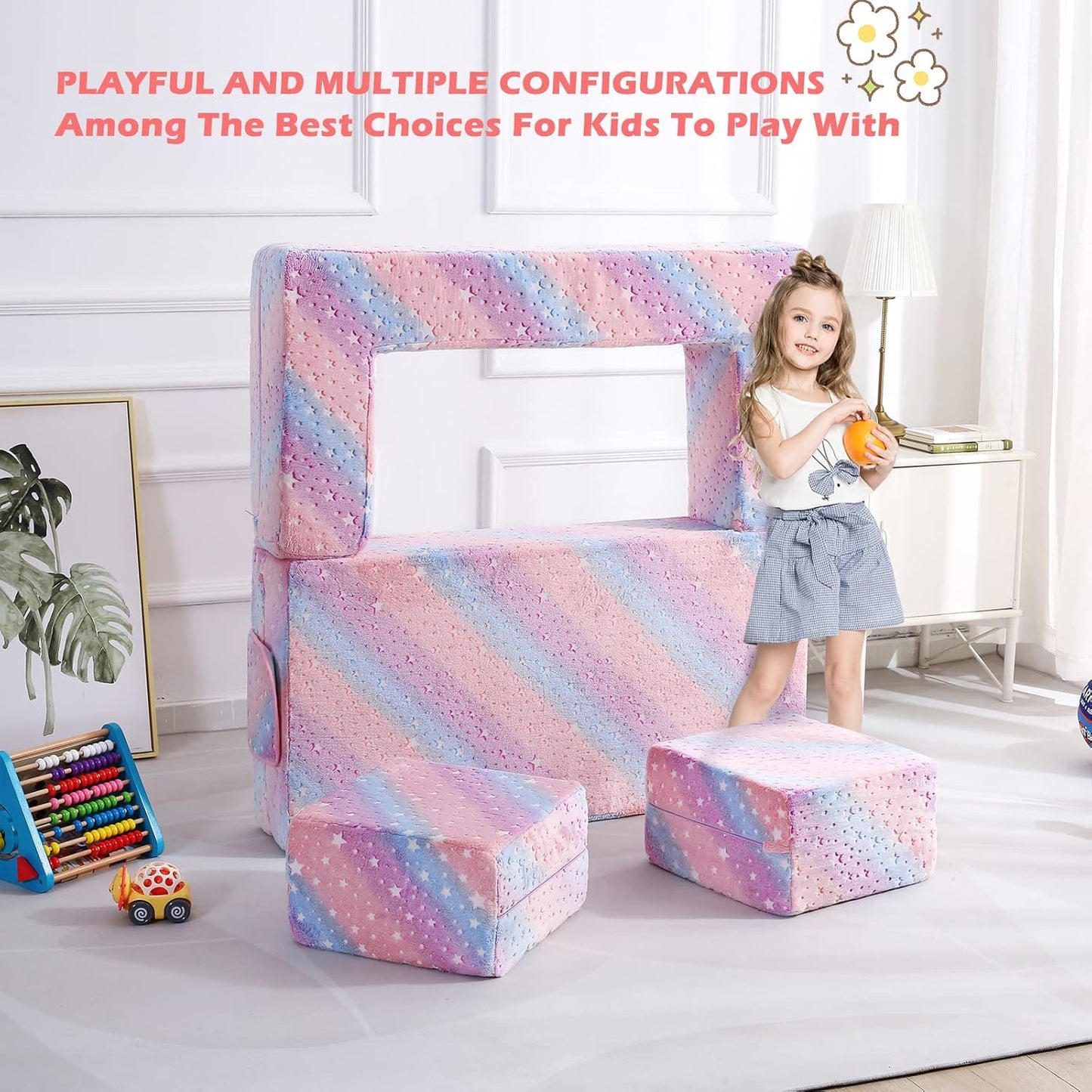 Kids Couch, Glow in The Dark Modular Explore Sofa for Toddler 3 in 1 Fold Out Sofa, Convertible Plush Couch with Washable and Durable Covers