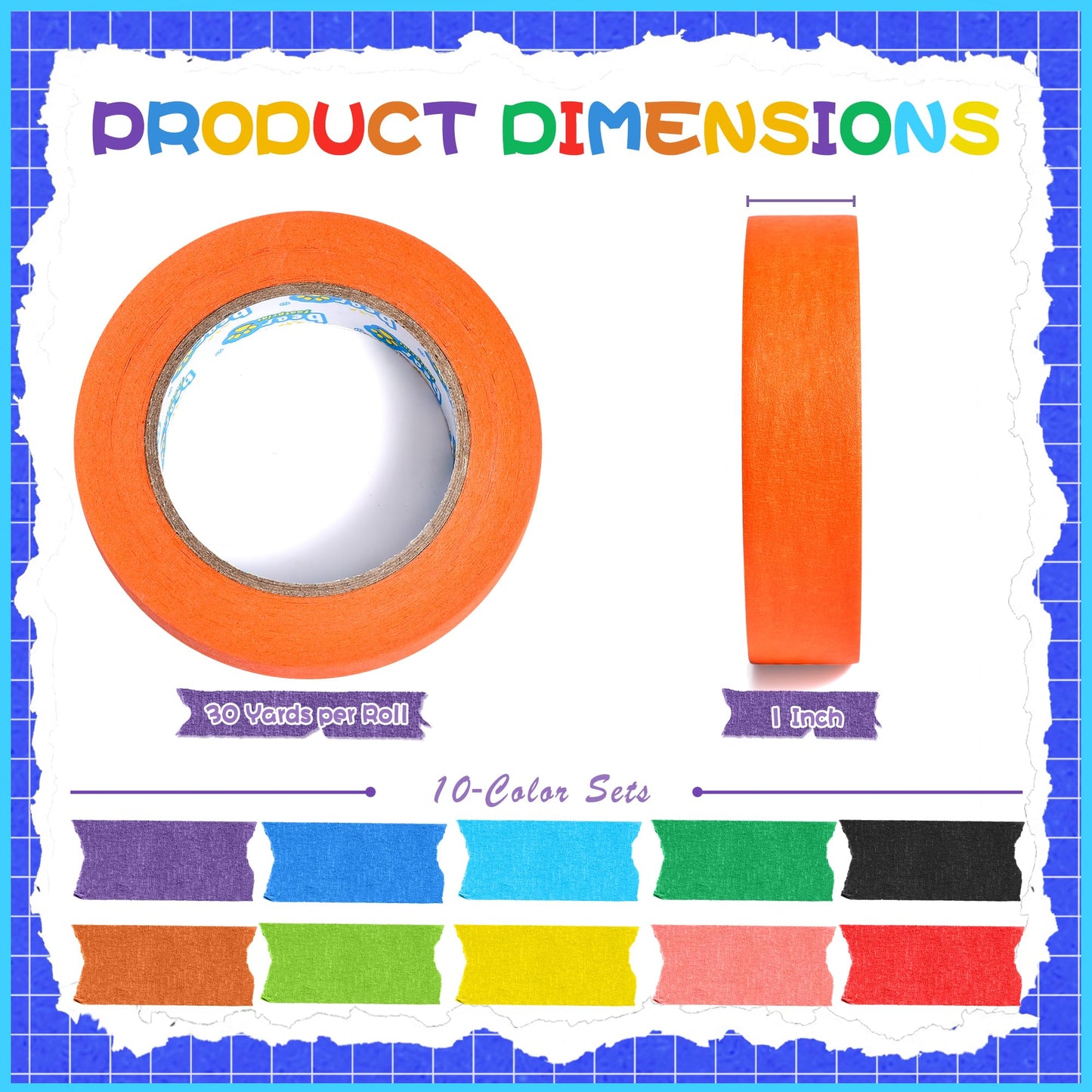 BEAR FOOTPRINT 10 Rolls Colored Masking Tape Set, Writeable Painters Tape Refills, 1 Inch Wide, 300 Yards Total, Easy to Remove & Leaves No Residue, Ideal for Arts and Crafts & School Supplies