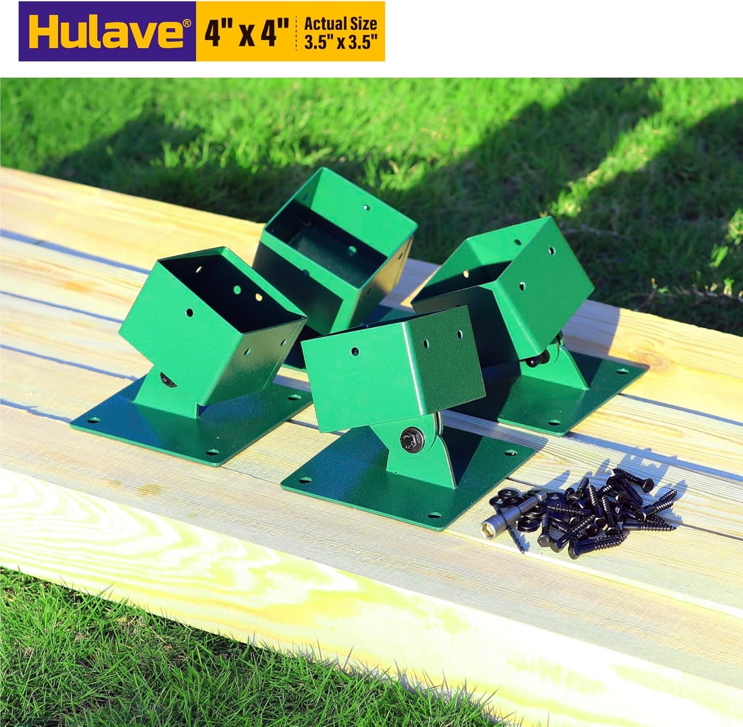 Hulave 201 Stainless Steel Swing Set Anchor Leveling Kit, Swing Set Leveling Base Bracket, Fits 4 x 4 (Actual Size 3.5" x 3.5") Wood Legs, Avoids Moisture to Protect Wooden Legs (4pack - Green)