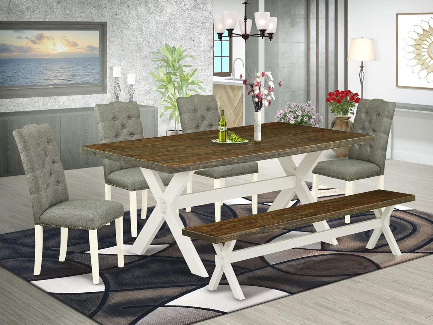East West Furniture V077EL207-6 6 Piece Dining Set Contains a Rectangle Dining Room Table with V-Legs and 4 Gray Linen Fabric Parson Chairs with a Bench, 40x72 Inch, Multi-Color