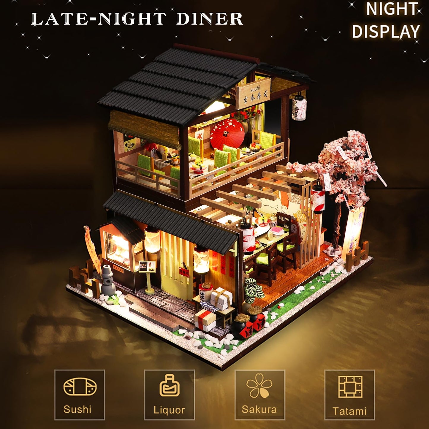 Spilay DIY Dollhouse Miniature with Wooden Furniture,Handmade Japanese Style Home Craft Model Mini Kit with Dust Cover & Music Box,1:24 3D Creative Doll House Toy for Adult Teenager Gift