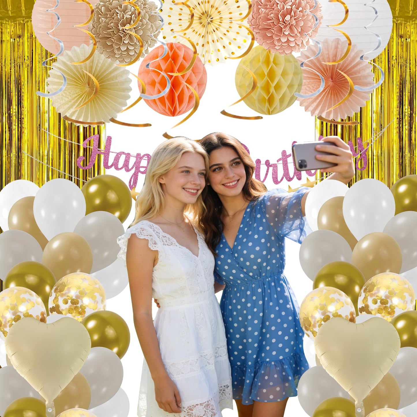 Birthday Decorations for Women Girl with Happy Birthday Sign, Banner Garland Swirls Paper Pompoms,Balloons,Fringe Curtain Suitable decor for 18th 20th 30th 40th 60th Party Supplies(Champagne Gold)