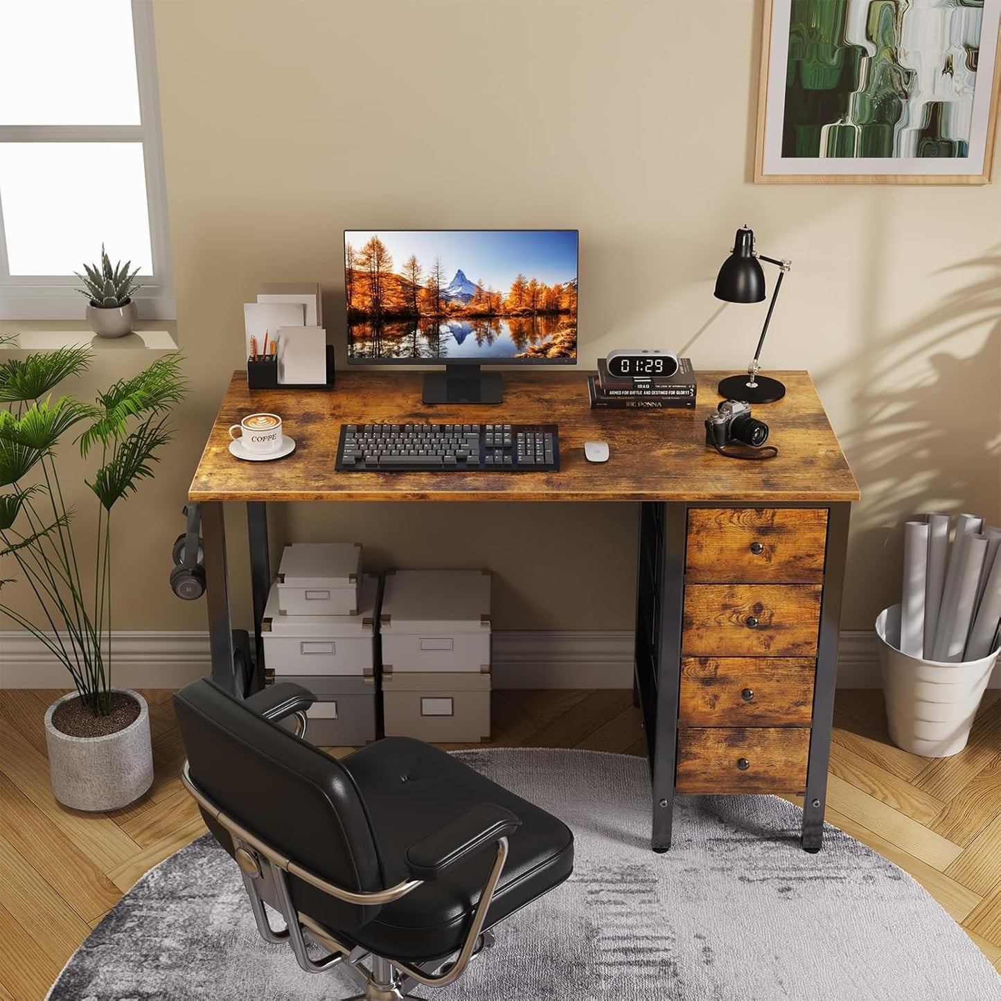 Lufeiya 40 inch Computer Desk with 4 Fabric Drawers, Kids Student Reversible Small Desks for Home Office Small Space, Work PC Desk Table for Bedroom, Rustic Brown