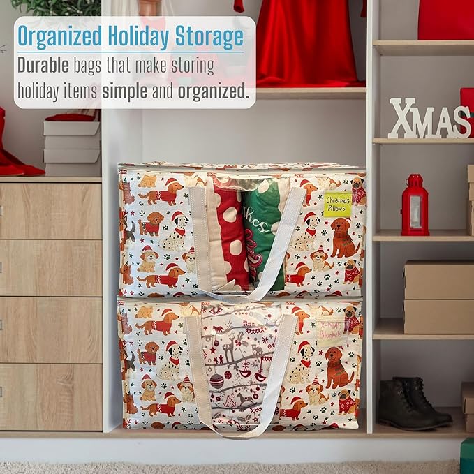 VENO 6 Pack Moving Bags, Large Christmas Storage Bins with lids, Packing Supplies for College, Alternative to Moving Boxes, Foldable, Heavy-Duty Tote, Christmas Pattern (Holiday Pups, 6 Pack)