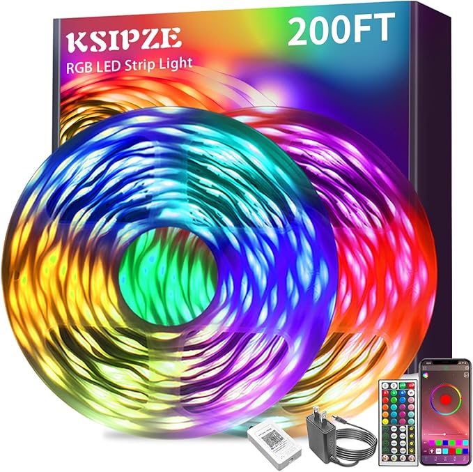 KSIPZE 200ft (2 Rolls of 100 ft) Led Strip Lights RGB Music Sync Color Changing Led Lights with Smart App Control Remote Led Lights for Bedroom Room Lighting Flexible Home Décor