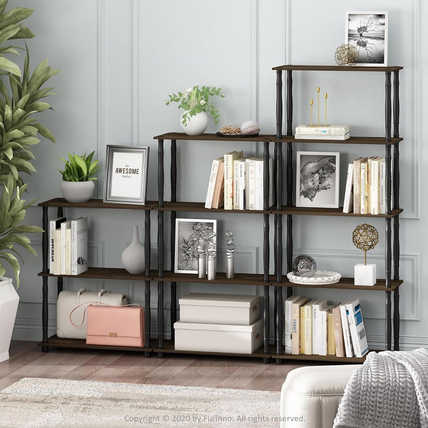 Furinno Turn-N-Tube 3-Tier Compact Multipurpose Shelf Display Rack with Classic Tube, Columbia Walnut/Black