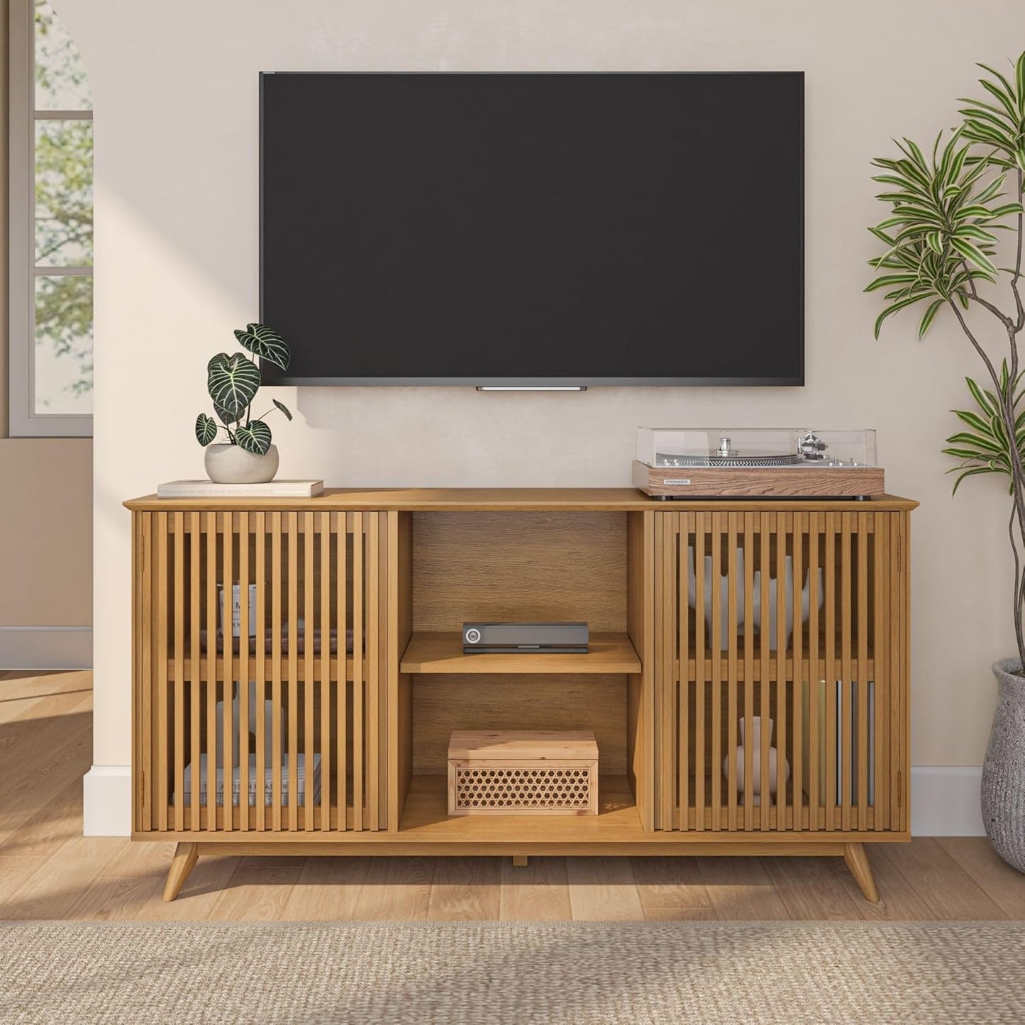 Plank+Beam Mid-Century Modern Wood TV Stand, Solid Wood Entertainment Console with Storage, 59" L x 16" W x 30" H, Pecan
