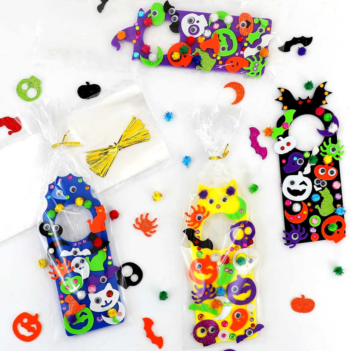 24 Set Halloween Craft Kits, DIY Halloween Doorknob Hanger Decorations Fall Arts & Crafts Supplies, Halloween Pumpkin Bat Ghost Monster Foam Stickers for Classroom Party Favors Activities