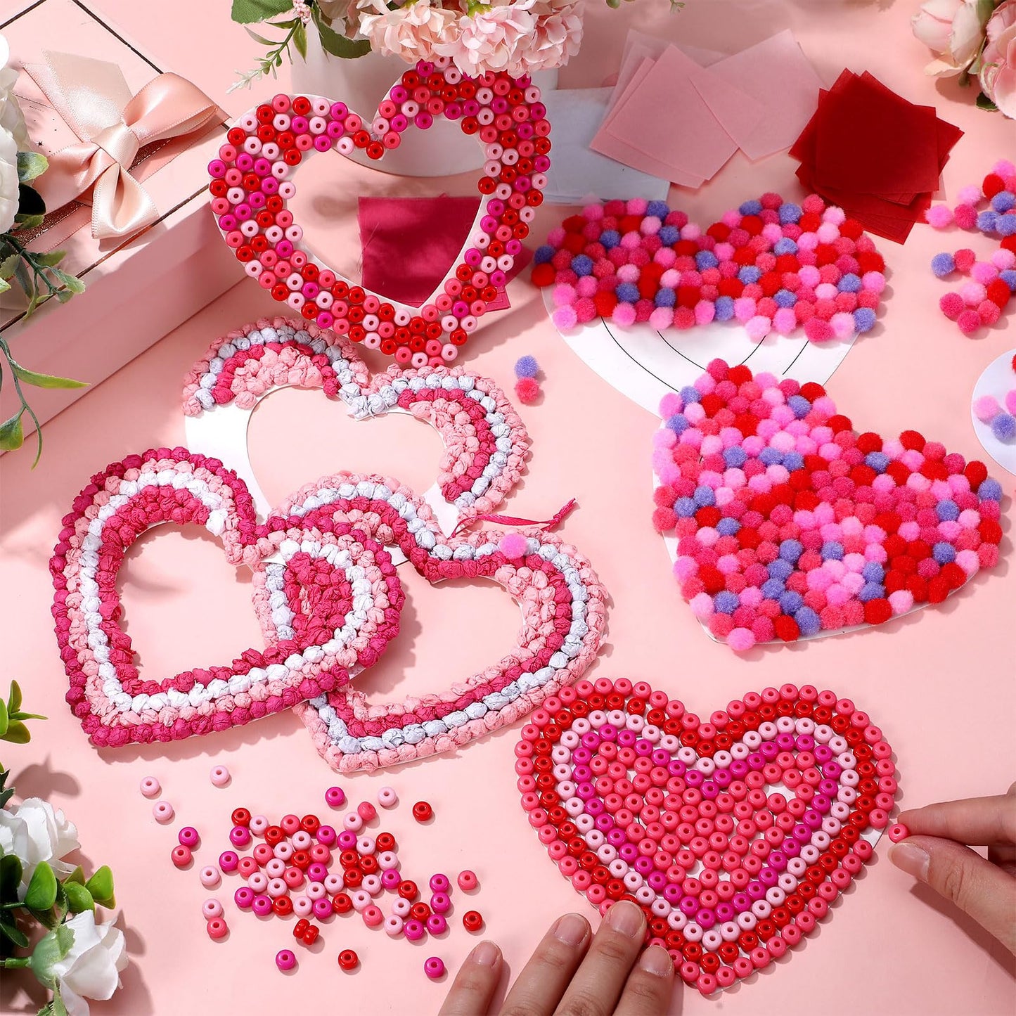 Jetec 24 Sets Mothers Day Gift Heart Paper Craft Kits Galentines Hanging Ornaments Craft Kit with Pom Poms Tissue Wreath DIY for Home Party Favors(Paper,Beads, Balls)