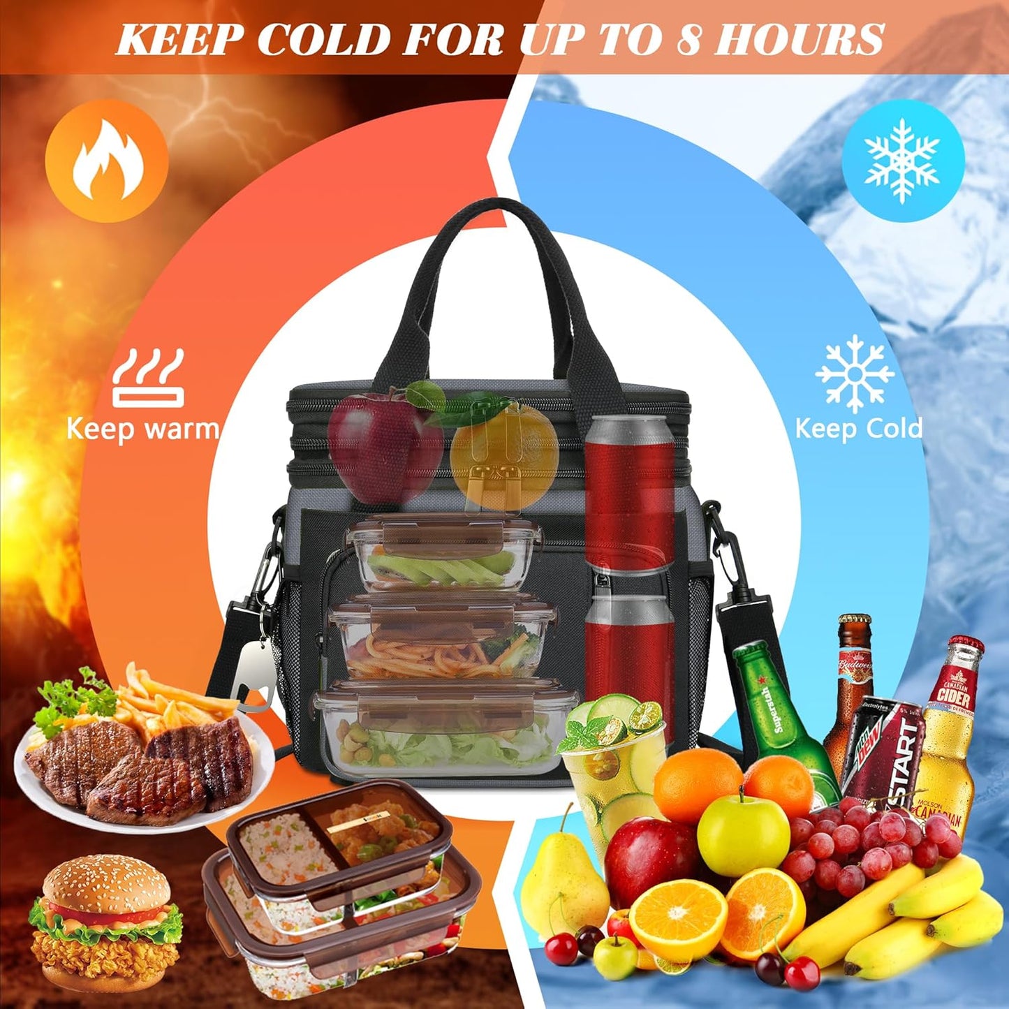 Insulated Lunch Bag Women & Men | Large Adult Lunch Box | Double-Layer Reusable Lunch Bags | Leak-Proof Tote Cooler Bag for Work Picnic Outdoors | 16L, Gray