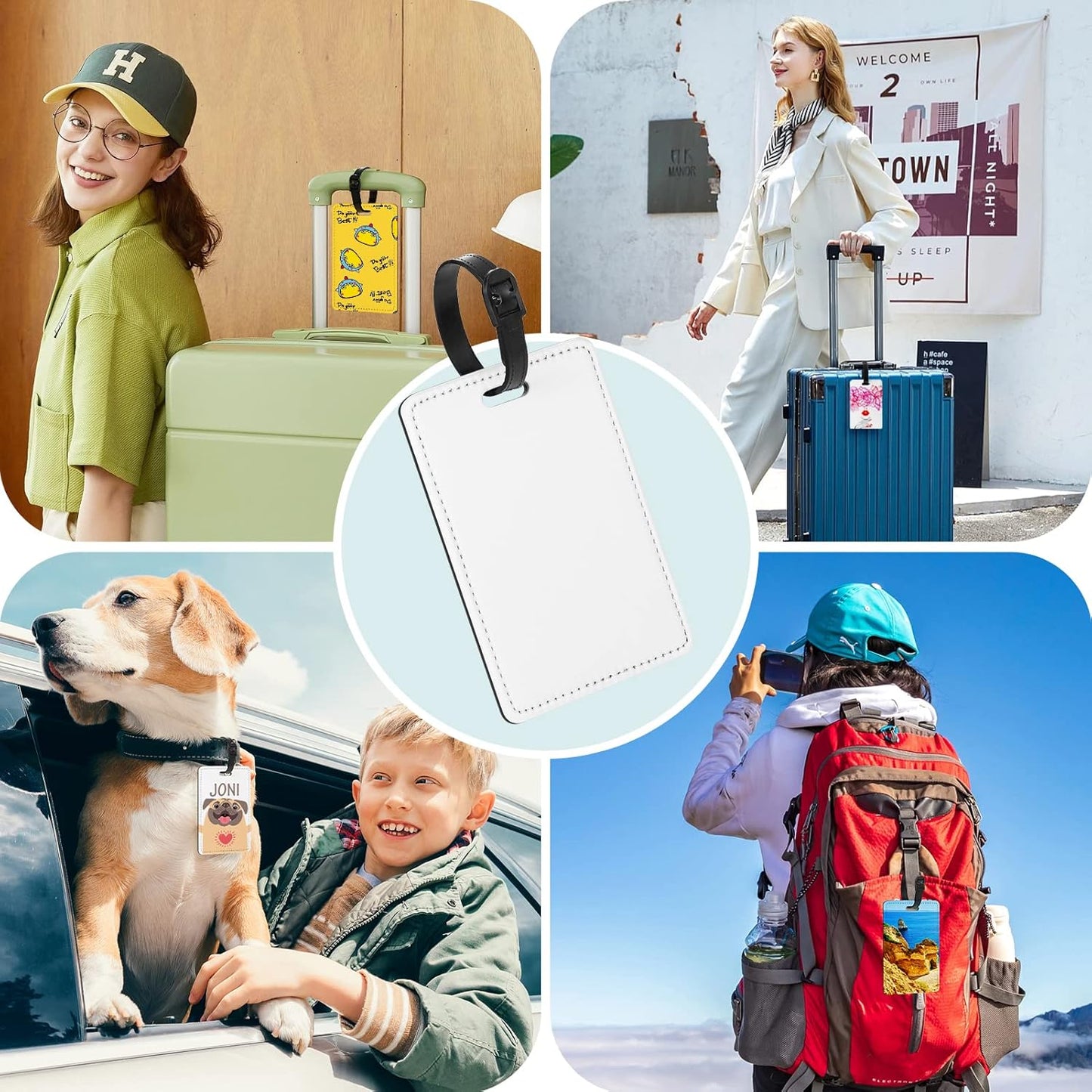 4 Packs Personalized Leather Luggage Tags for Suitcase, Custom Golf Bag Tag Travel Labels Name Identifiers with Strap for Women Men Customized Your Own Text Photo Logo