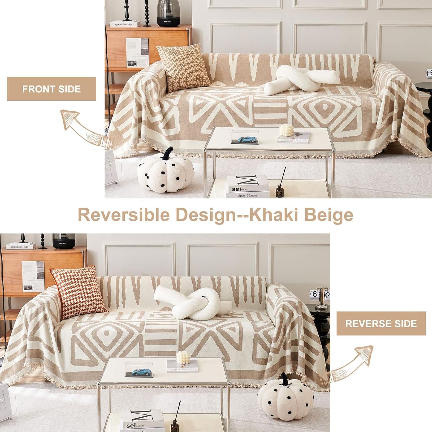 STACYPIK Boho Couch Cover, Khaki Sofa Cover for Dogs, Tassels Loveseat Cover for Sectional, L-Shape Protector for 3 Cushion Couch, Washable Chenille Slipcover, Multi-Use Decorative Blanket-71X134IN
