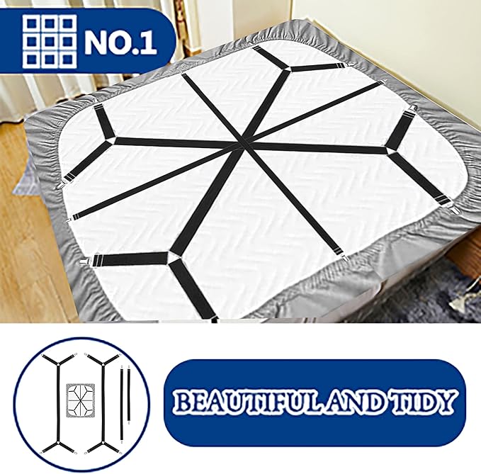 Bed Sheet Straps,Adjustable Elastic Sheet Fasteners,Secure Mattresses Covers Keeper with Fitted Sheet Holders and Metal Clips,Ensuring Sheets Stay in Place（4pcs Black）
