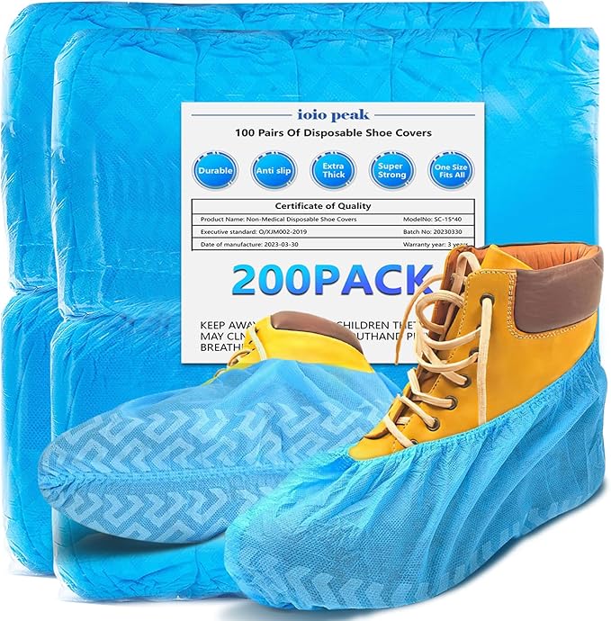 Shoe Covers Disposable 200 Pack (100 Pairs) - Durable, Non-Slip, Water Resistant, and Recyclable Boot Covers for Indoor and Outdoor Use - One Size Fits Most (Non-woven-Blue)