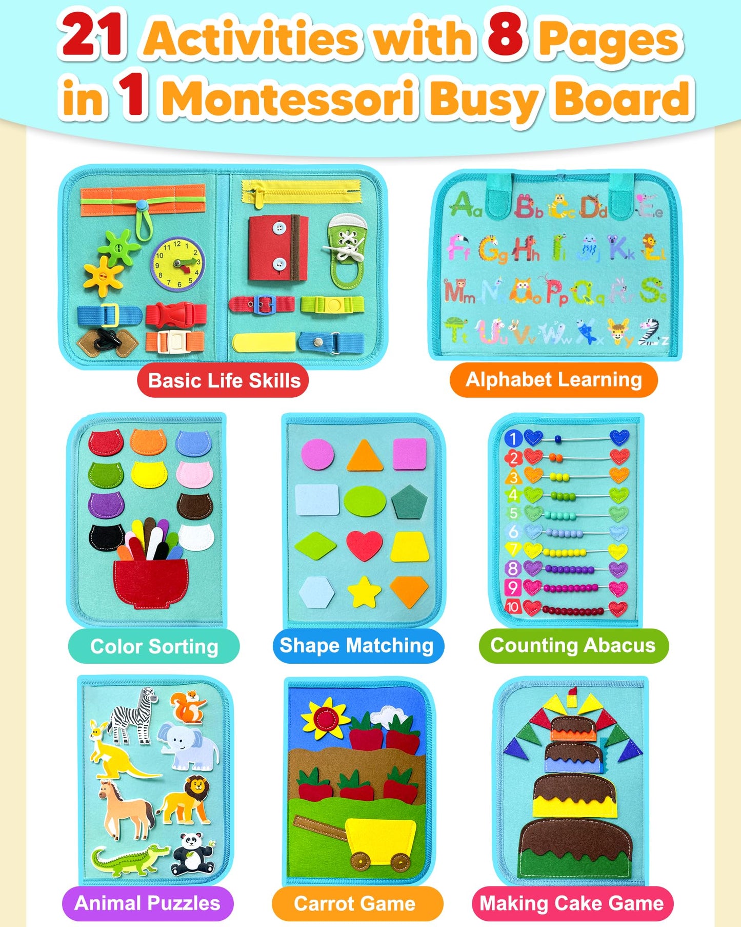 Exorany Busy Board Montessori Toys for Toddler Boy Girl Birthday Gifts, Busy Book Sensory Learning Toys for Toddlers, Toddler Airplane Car Travel Toy Educational Activities