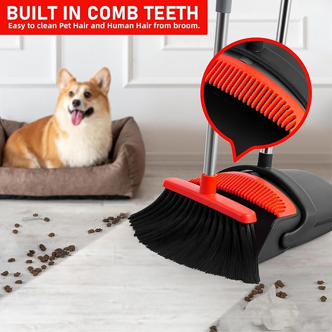 Broom and Dustpan Set, Broom with Dustpan Combo Set 54-in Long Adjustable Handle with Dust Pan Combo Teeth for Home Office Kitchen Lobby Floor Pet Hair Indoor&Outdoor Cleaning